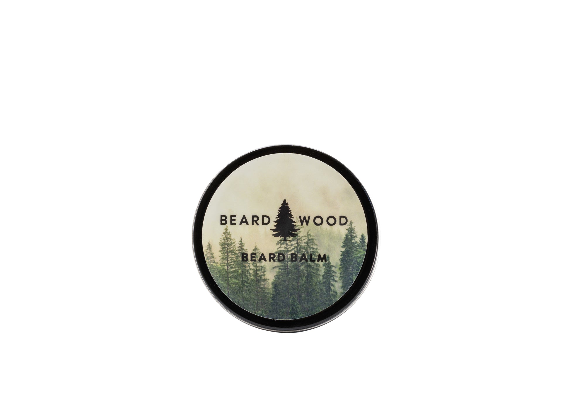 Beard Balm from Beardwood Oil Co. in Bend, Oregon. Container has fur trees and pine trees with Bearwood Beard Oil co. logo on front.