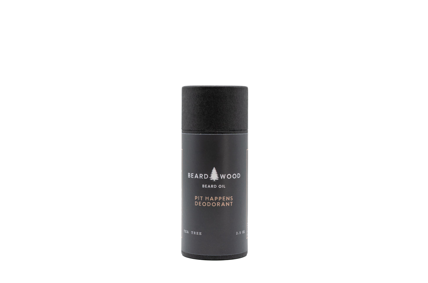 Beardwood Beard Oil Co. of Bend, Oregon deodorant named Pit Happens. The deodorant is in a black container with Beardwood Beard Oil Co. logo on front. For sweat and stink for outdoor adventures.