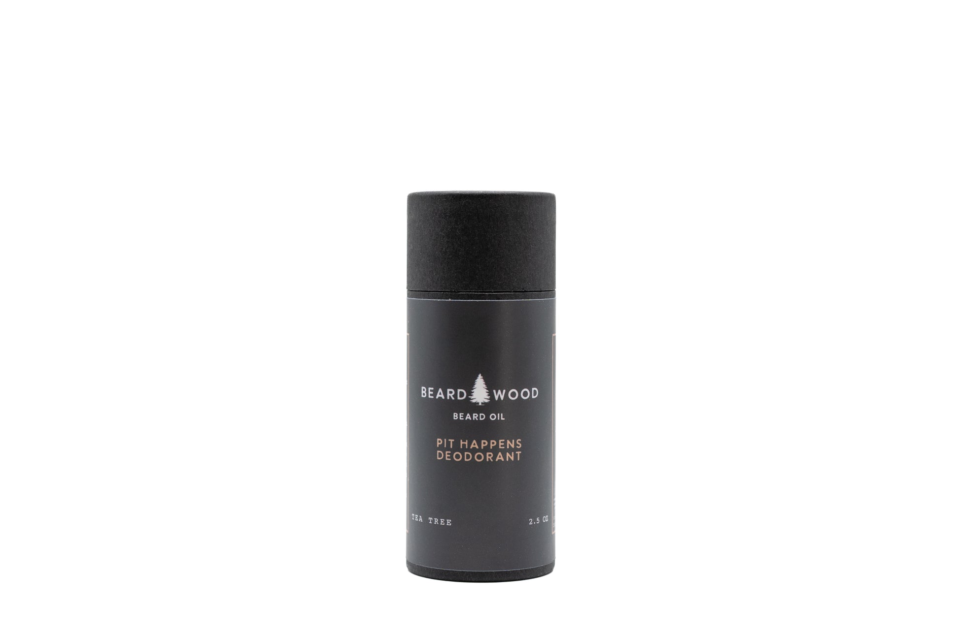 Beardwood Beard Oil Co. of Bend, Oregon deodorant named Pit Happens. The deodorant is in a black container with Beardwood Beard Oil Co. logo on front. For sweat and stink for outdoor adventures.