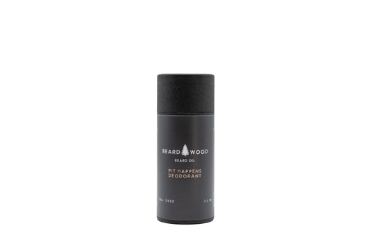 Beardwood Beard Oil Co. of Bend, Oregon deodorant named Pit Happens. The deodorant is in a black container with Beardwood Beard Oil Co. logo on front. For sweat and stink for outdoor adventures.