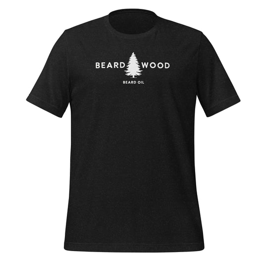 Picture of black T-shirt for Beardwood Beard Oil, a Bend, Oregon beard balm and oil company. The Beardwood Beard Oil logo which includes a fur tree in on the top of shirt and in white coloring.