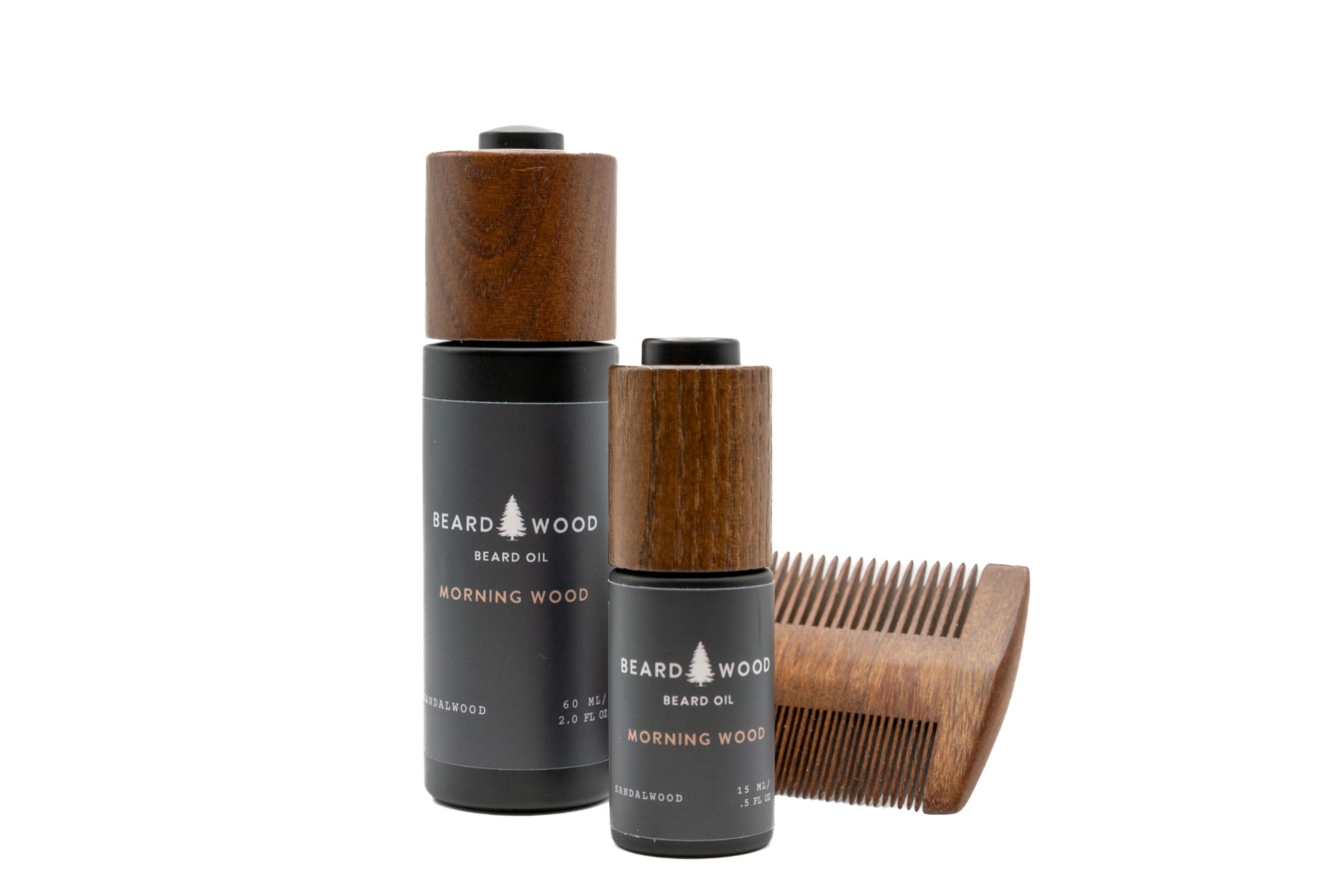 Morning Wood, a top beard oil product by Beardwood Beard Oil Co of Bend Oregon has a brown wooden twistable top with a black body finish and the Beardwood Beard Oil logo in white along the side of the package. There is a wood beard comb to the right of the product.